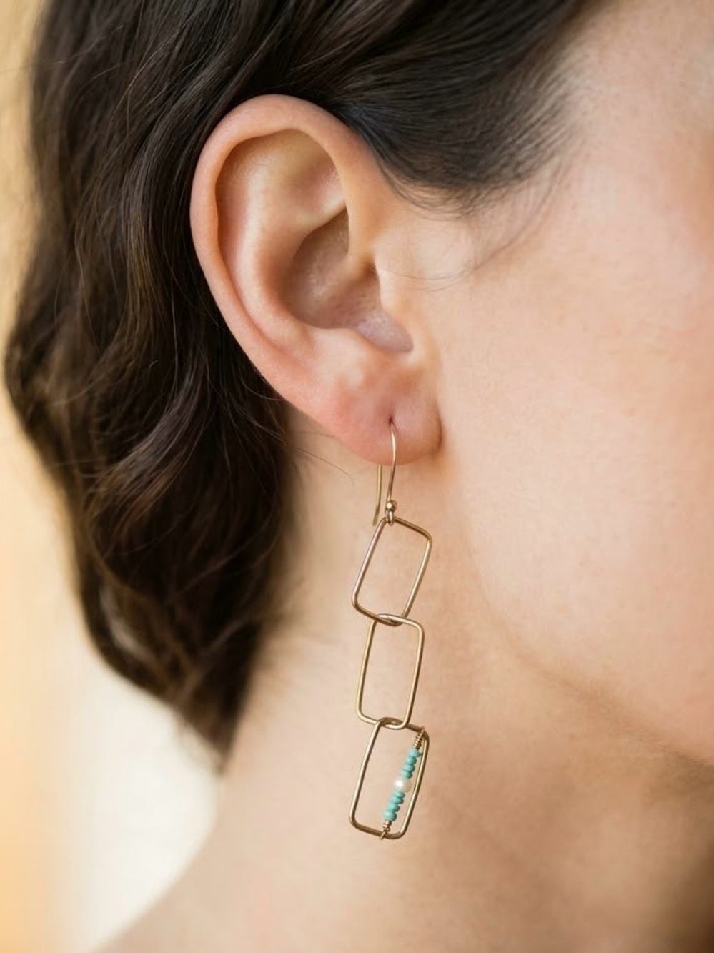 Brass Geometric Chain Drop Earrings w/ Turquoise & Pearl Beads